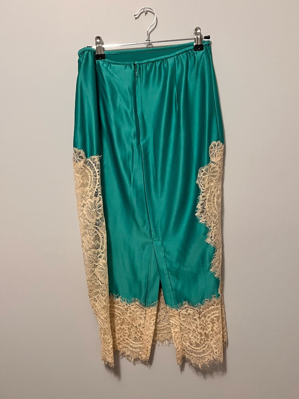 NWT🎉 Anthropologie Teal Satin Midi Skirt with Cream Lace Hem - Picture 10 of 16